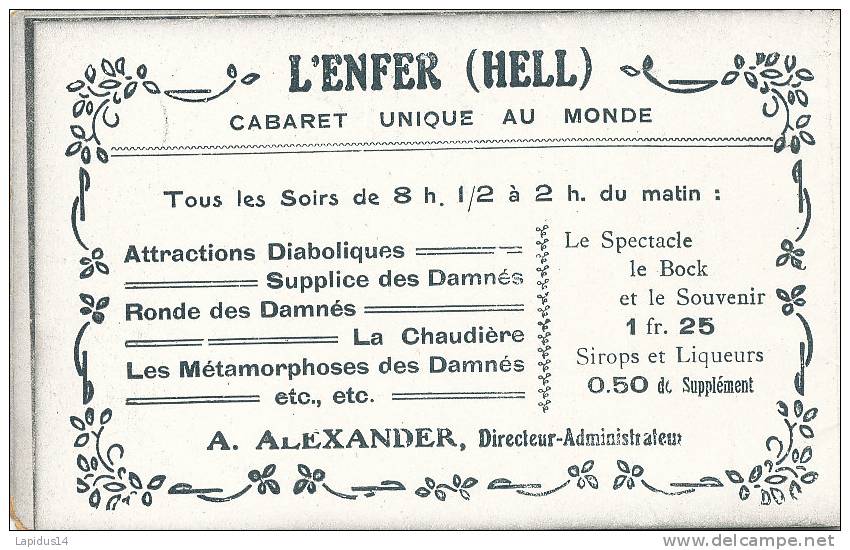 U 779 A / CPA - PETIT CARNET DE 4 CPA  CABARET UNIQUE AU MONDE L´ ENFER (hell) A. ALLEXANDER  PARIS MONTMARTRE - Cabarets