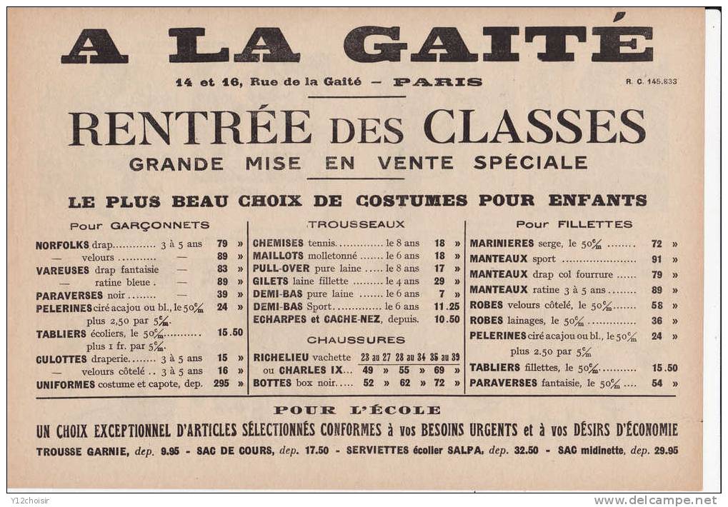 IMAGE NOUVELLES DEVINETTES PUBLICITE MAGASIN A LA GAITE PARIS RENTREE DES CLASSES COSTUMES ENFANTS TISSUS ANIMAL - Verzamelingen