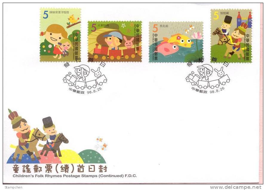 FDC 2009 Children Folk Rhymes Stamps Train Music Doll Bird Fish Lotus Firefly Rain Horse Soldier Castle Rabbit - Lapins