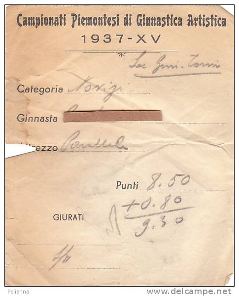 PO9256# Campionati Piemontesi Ginnastica Artistica 1937 - ATTREZZO : PARALLELE Con Punteggio - Documento Gara - Gymnastique