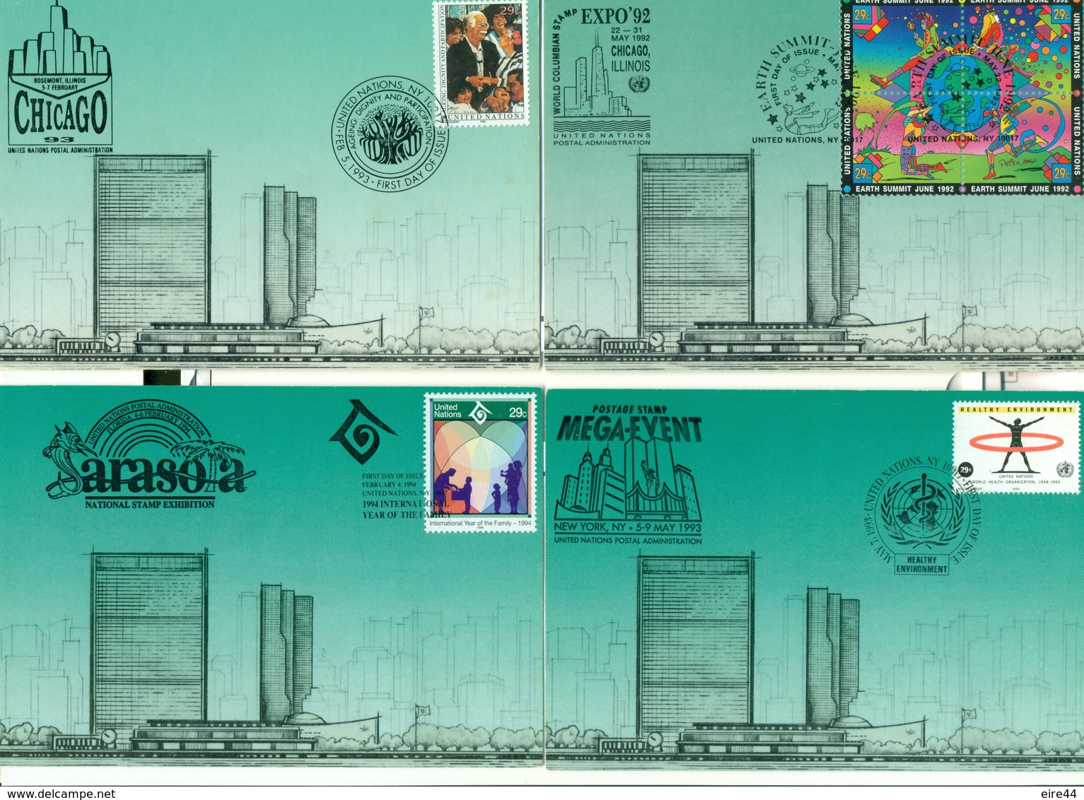 United Nations New York 6 FDC Green Card Exhibition Chicago Sarasota New York - FDC