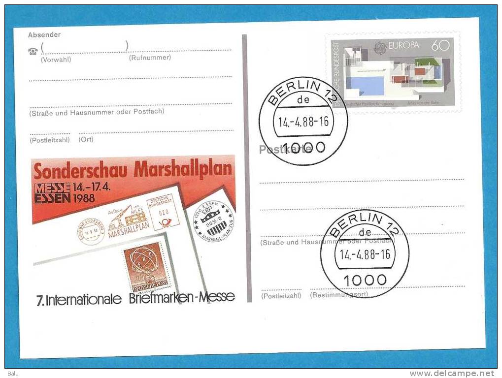 Deutschland Ganzsache Gestempelt Berlin 14.4.1988 Mi. PSo 16 Sonderschau Marshallplan Essen 7. Intern. Briefmarken-Messe - Cartes Postales - Oblitérées