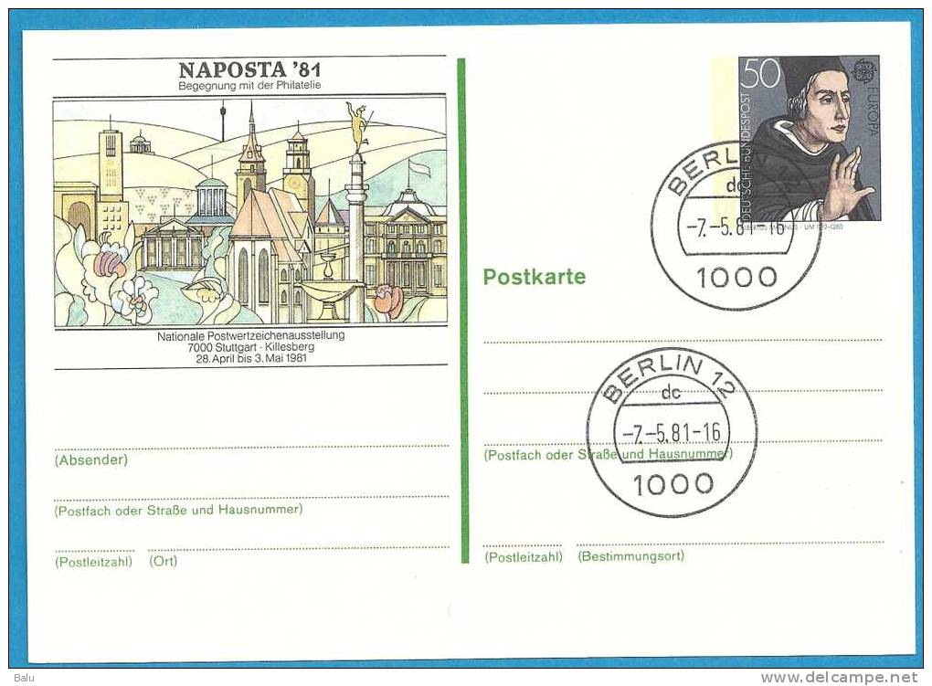 Deutschland Ganzsache Gestempelt Berlin 7.5.1981 PSo 5 Nationale Postwertzeichenausstellung NAPOSTA 81 Stuttgart Killesb - Illustrated Postcards - Used