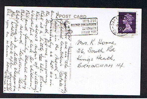 RB 577 -  1975 Postcard Witton Castle Witton-Le-Wear - 150th Anniv Darlington Railway Slogan Postmark Co. Durham - Sonstige & Ohne Zuordnung