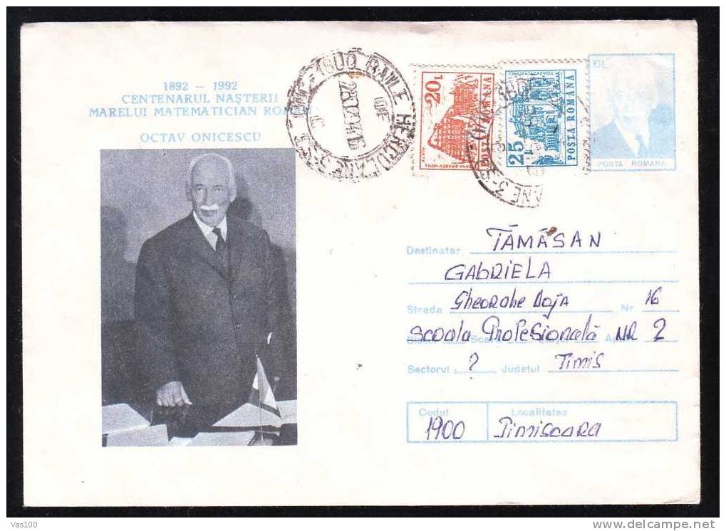 Romania  1992 Entier Postaux, Stationery Cover With OCTAV ONICESCU MATHEMATICIAN. - Informatique