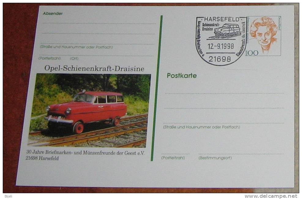 Auto(Opel) Rail, Postal Stationery (private?)and Cancell, Interesant, 1998. - Cars