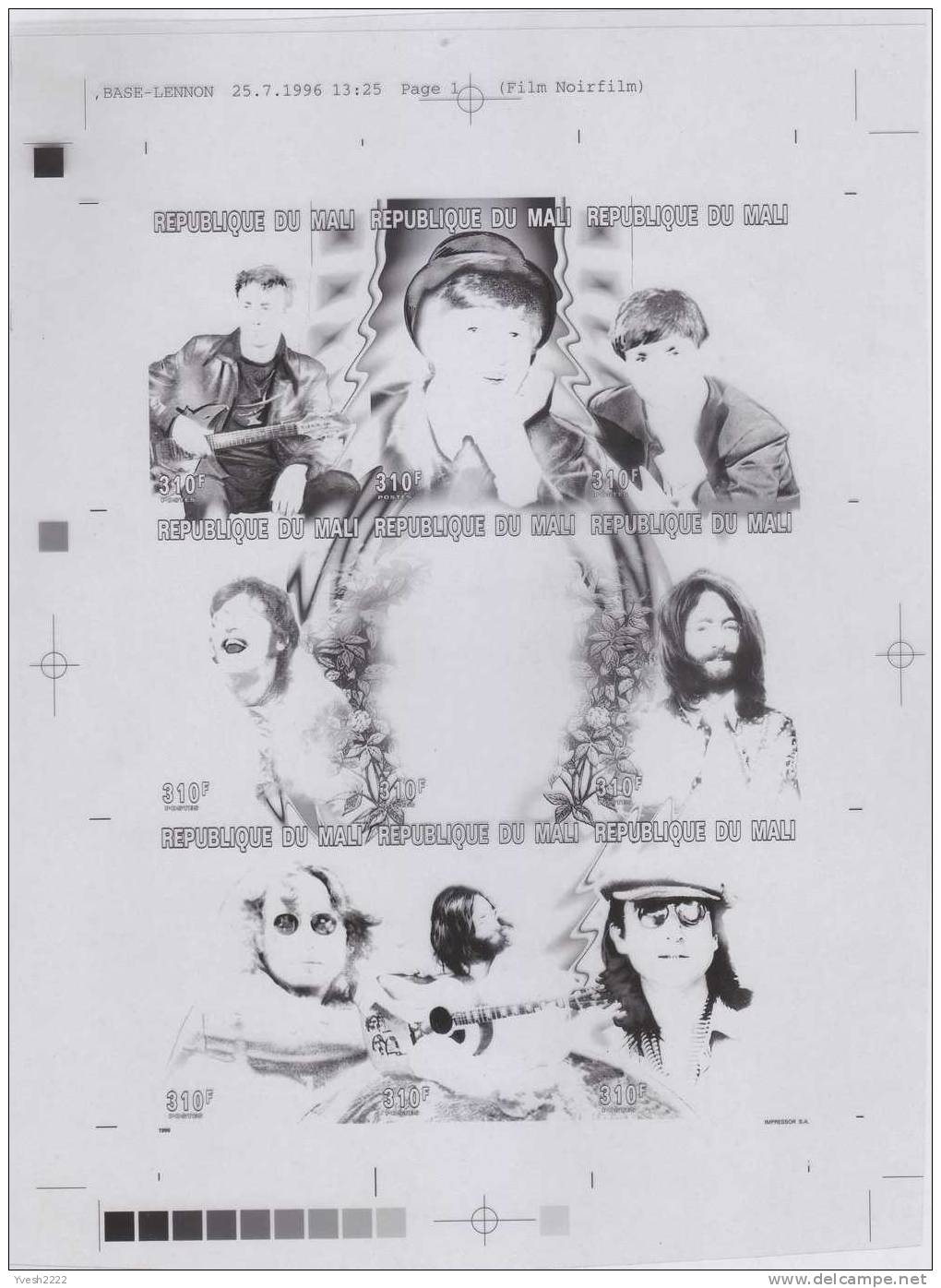 Mali 1996 Set Of 4 Offset Printing Films : Black, Yellow, Cyan & Magenta. John Lennon (Beatles) - Music