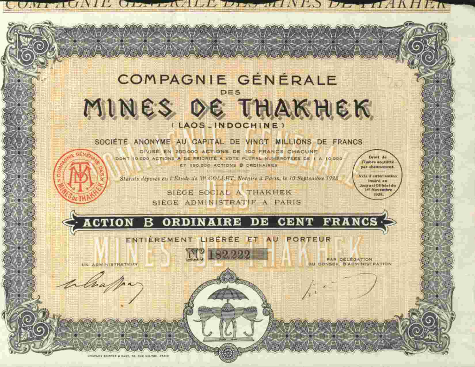 COMPAGNIE GENERALE DES MINES DE THAKHEK  (LAOS- INDOCHINE) - Mijnen