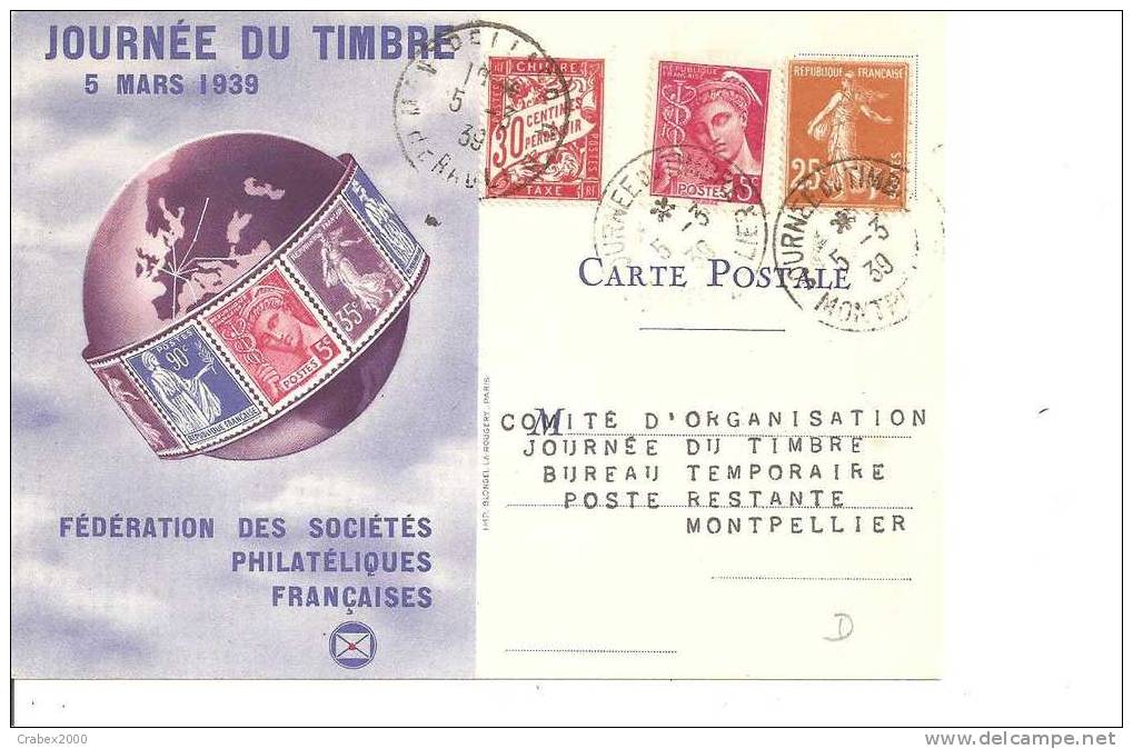 N° Y&t 235+ 406+T33      JOURNEE DU TIMBRE MONTPELLIER     Le 05 MARS1939 - Lettres & Documents