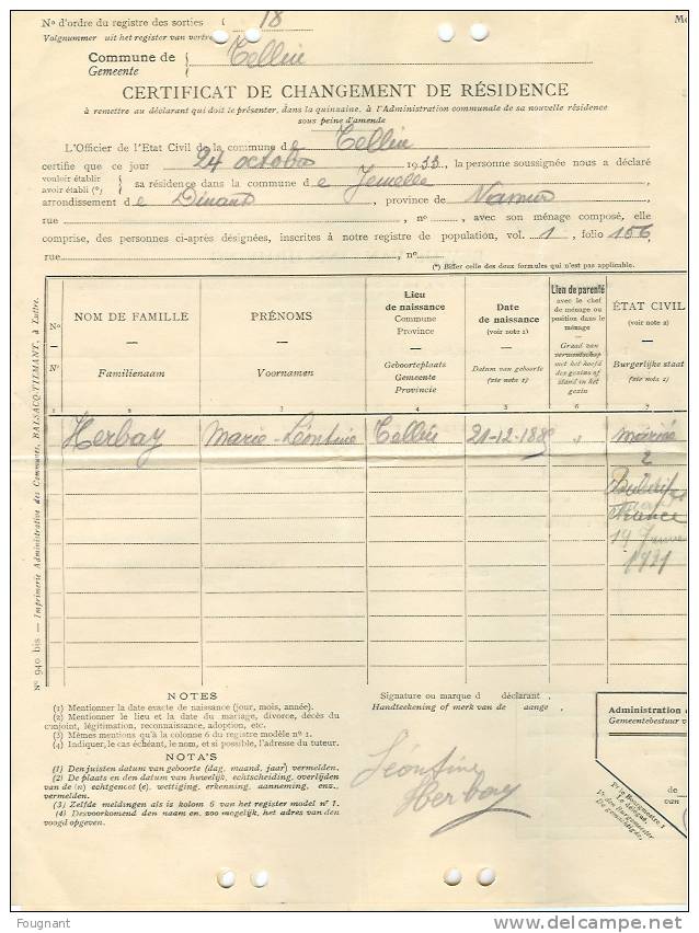 Belgique:Certificat De Changement De Résidence.1933. - Wetten & Decreten