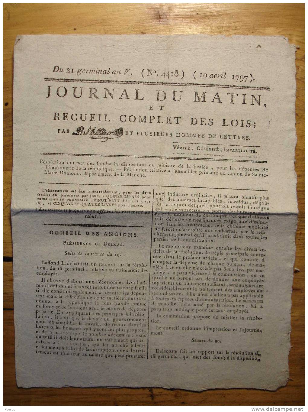 JOURNAL DU MATIN DU 10 AVRIL 1797 - IMPRIMERIE DE LA REPUBLIQUE - STE SAINTE MARIE DUMONT MANCHE - 21 GERMINAL AN V - Zeitungen - Vor 1800