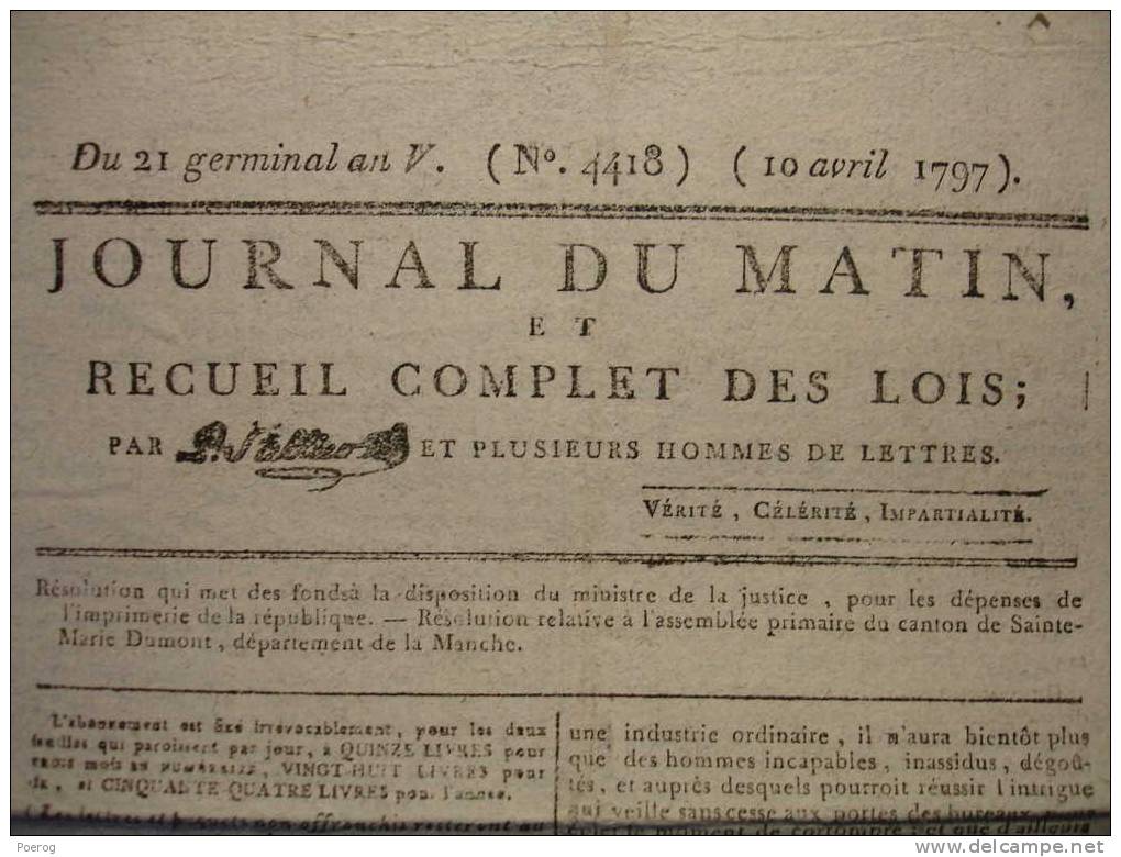 JOURNAL DU MATIN DU 10 AVRIL 1797 - IMPRIMERIE DE LA REPUBLIQUE - STE SAINTE MARIE DUMONT MANCHE - 21 GERMINAL AN V - Zeitungen - Vor 1800