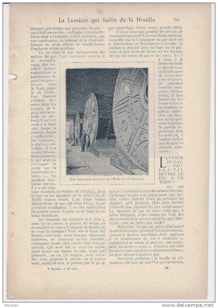 Feuillet Article Actualité De 1905 " LA LUMIERE Qui Jaillit De La HOUILLE Noire" Production Du Gaz D'éclairage - Documents Historiques