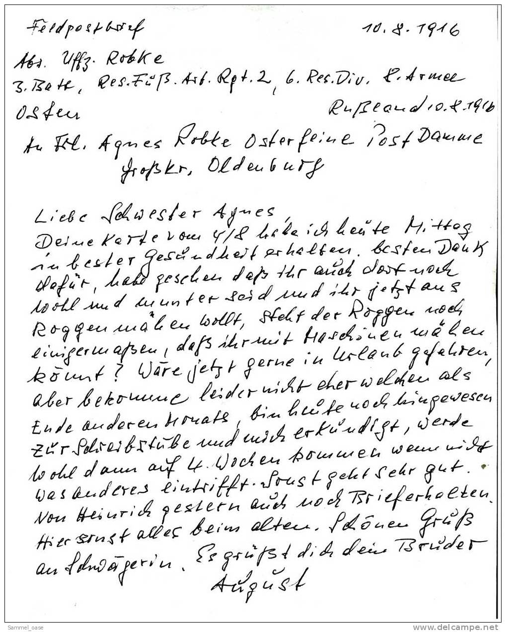 1916  Feldpostbrief  , Von 6. Res. Div. Rußland Nach Damme Osterfeine ( Bei Oldenburg ) - Cartas & Documentos