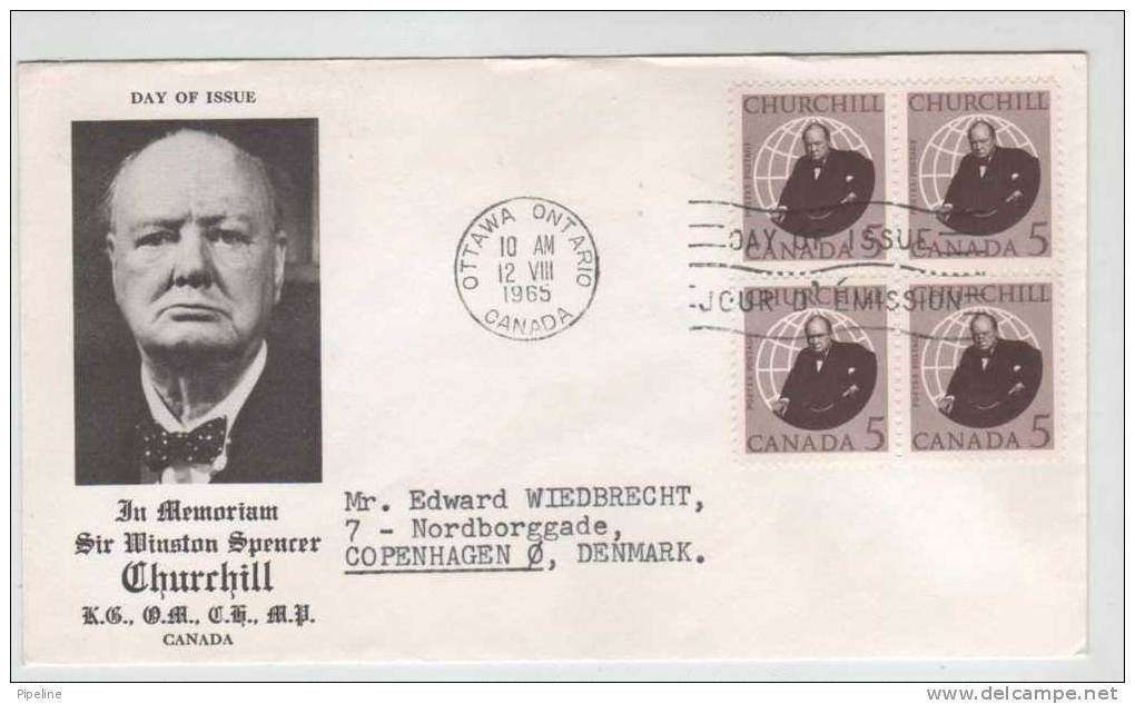 Canada FDC 12-8-1965 Block Of 4 Sir Winston Churchil With Cachet Sent To Denmark - 1961-1970