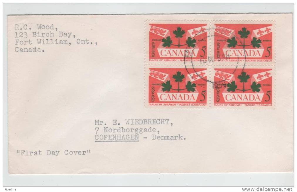 Canada FDC Block Of 4 Plains Of Abraham Sent To Denmark 10-9-1959 - 1952-1960