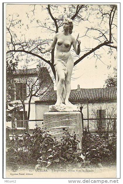 26-Guelma-Algerie Francaise-L'Inspiration,statue Dans Le Square-v.1908 X Paris-Timbre 5c. France. - Guelma