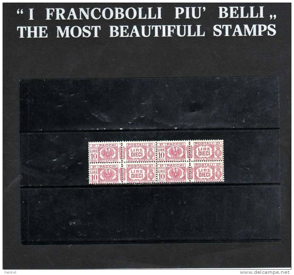 ITALIA REGNO ITALY KINGDOM 1927 1932 PACCHI POSTALI AQUILA SABAUDA CON FASCI L. 10 MNH QUARTINA - Postal Parcels