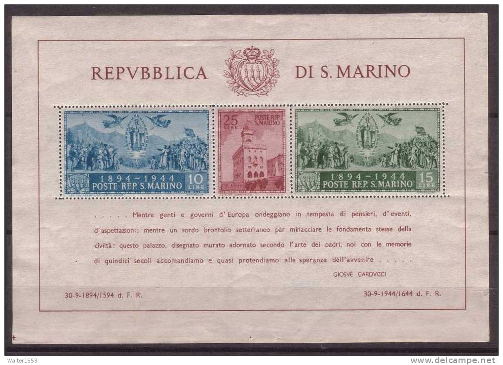 SAN MARINO 1945 FOGLIETTO PALAZZO DEL GOVERNO  DENTELLATO ** MNH LUSSO FIRMATO CAFFAZ - Blocks & Sheetlets