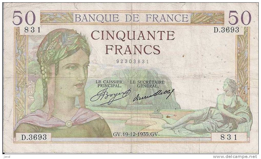 - FRANCE - BILLETS - 50 F - CERES - GV - 19 - 12 - 1935 - GV - N° 831 - - 50 F 1934-1940 ''Cérès''