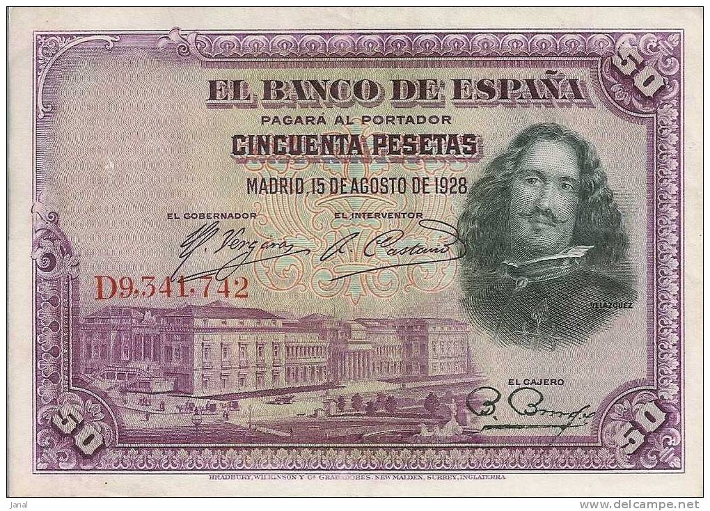 - ESPAGNE - BILLETS - REPUBLICA ESPAGNOLA - 50 PESATAS -  15 - 8 - 1928 -  N° D9 9 341 742 - - 50 Peseten