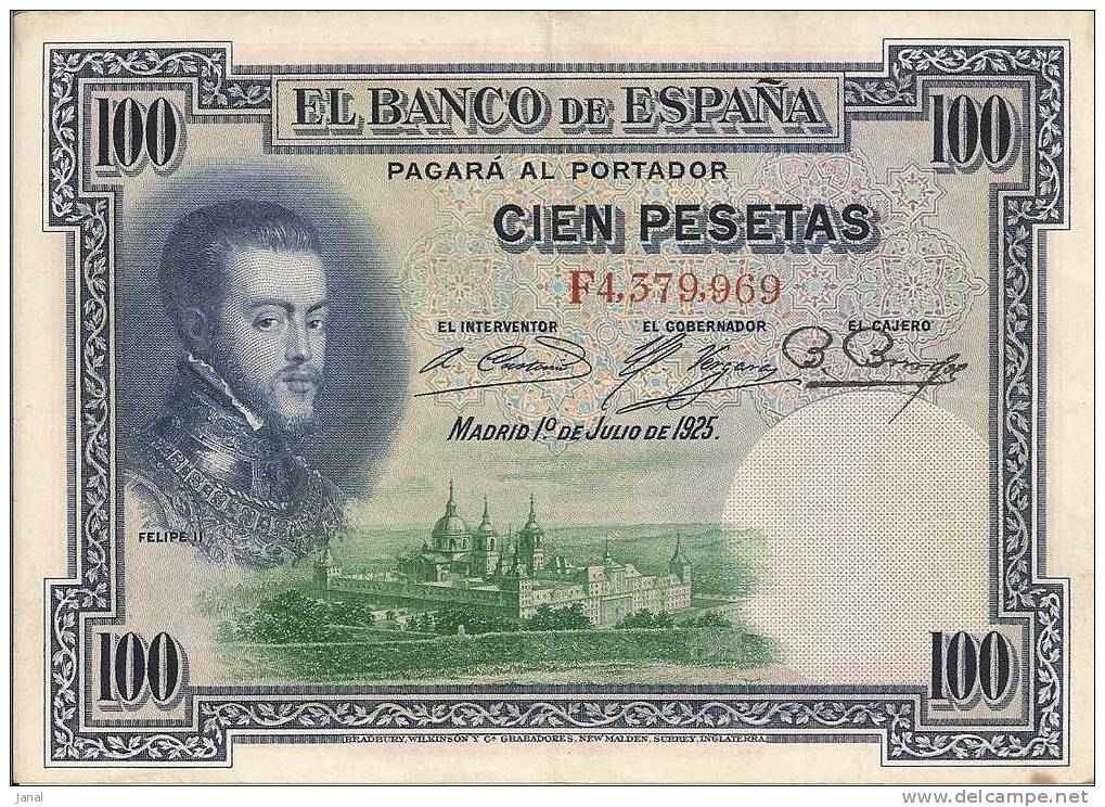 - ESPAGNE - BILLETS -  ROYAUME - 100 PESETAS - 1 ER JUILLET 1925 - N° F4 379 969 - - Otros & Sin Clasificación