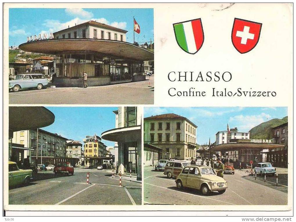 CHIASSO  - CONFINE ITALO SVIZZERO -  COLORI VIAGGIATA  1963  -  ANIMATA E VETTURE D'EPOCA - TIMBRO POSTE  CHIASSO SVIZZ - Dogana