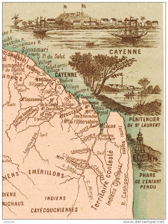 Chromo Format 11/8,5 Carte Geo Cayenne,Penitencier St Laurent, Bagne, Phare Enfant Perdu - Autres & Non Classés