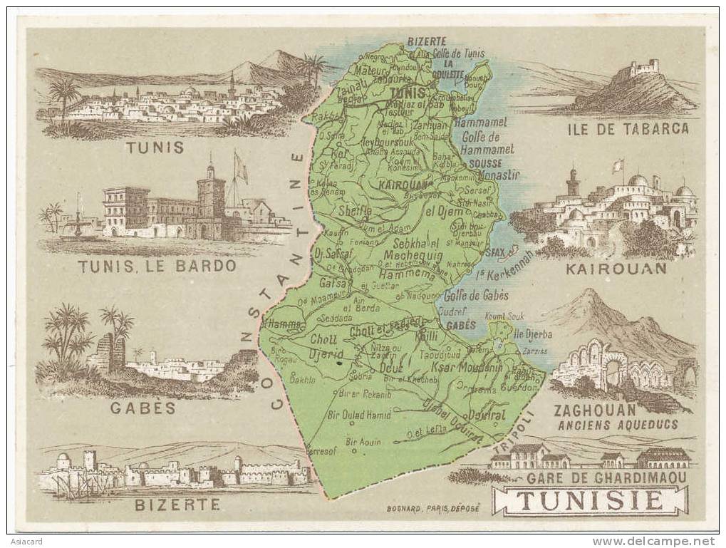 Chromo Carte Geo Ft 11/8,5 Bardo, Gabes, Tabarca, Kairouan, Zaghouan, Gare Ghardimaou - Autres & Non Classés