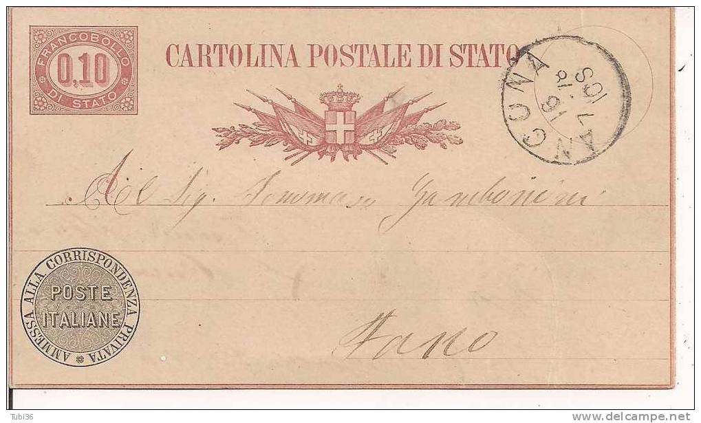 CARTOLINA POSTALE DI STATO - CENT. 0,10 - VIAGGIATA  1878 DA ANCONA A FANO -  TIMBRO TONDO ANCONA - Entiers Postaux