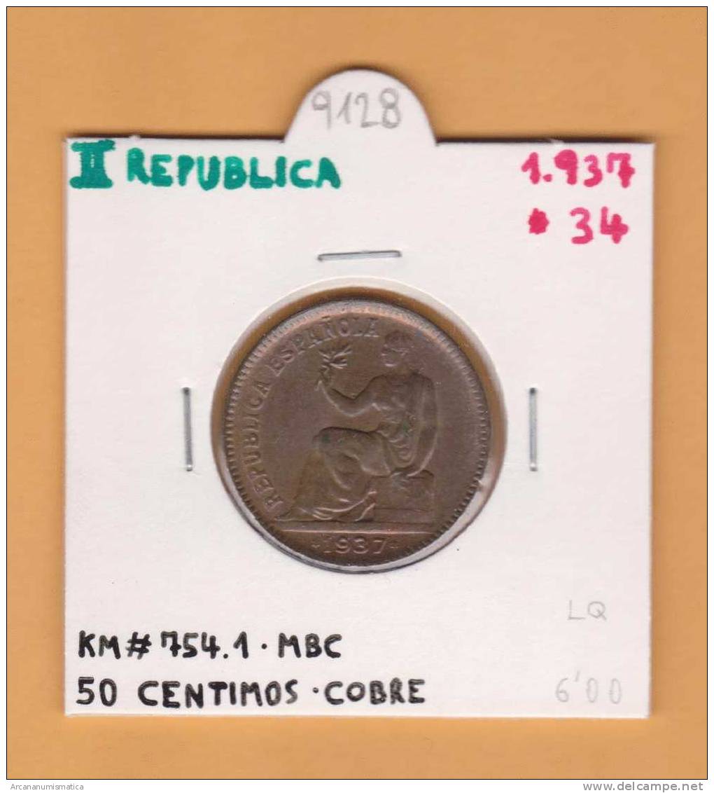 II REPUBLICA  50  CENTIMOS  COBRE  KM#754.1          1.937 #34     MBC/VF      DL-9128 - 50 Centiemos