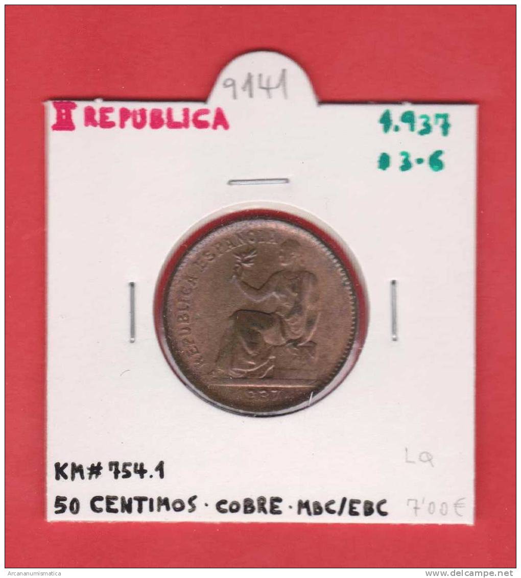 II REPUBLICA  50  CENTIMOS  COBRE  KM#754.1          1.937#3-6      MBC/EBC     DL-9141 - 50 Centiemen