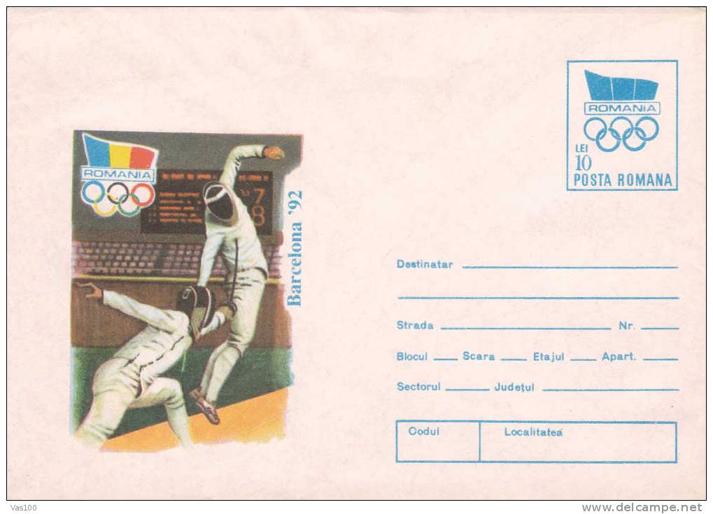 Olympic Games Barcelona,ESCRIME FENCING 1992 Entier Postaux Postal Stationery, Cover - Romania - Fencing