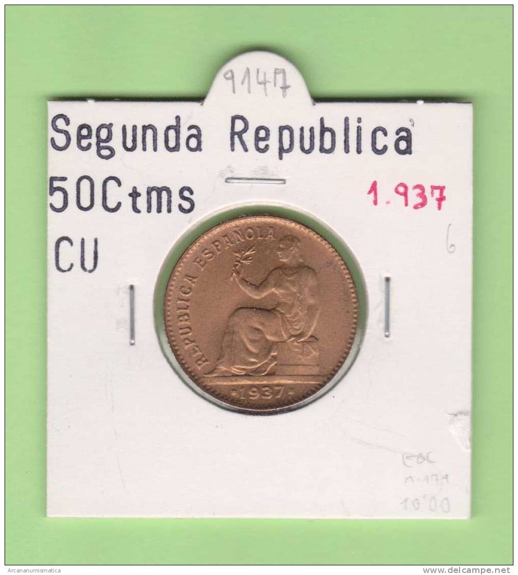 II REPUBLICA  50  CENTIMOS  COBRE  KM#754.1          1.937 #36    EBC/XF     DL-9147 - 50 Céntimos