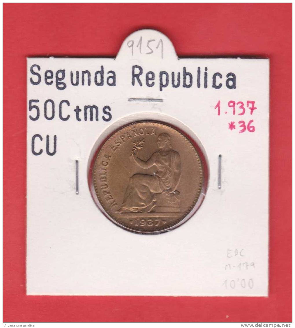 II REPUBLICA  50  CENTIMOS  COBRE  KM#754.1          1.937 #36    EBC/XF     DL-9151 - 50 Centiemen