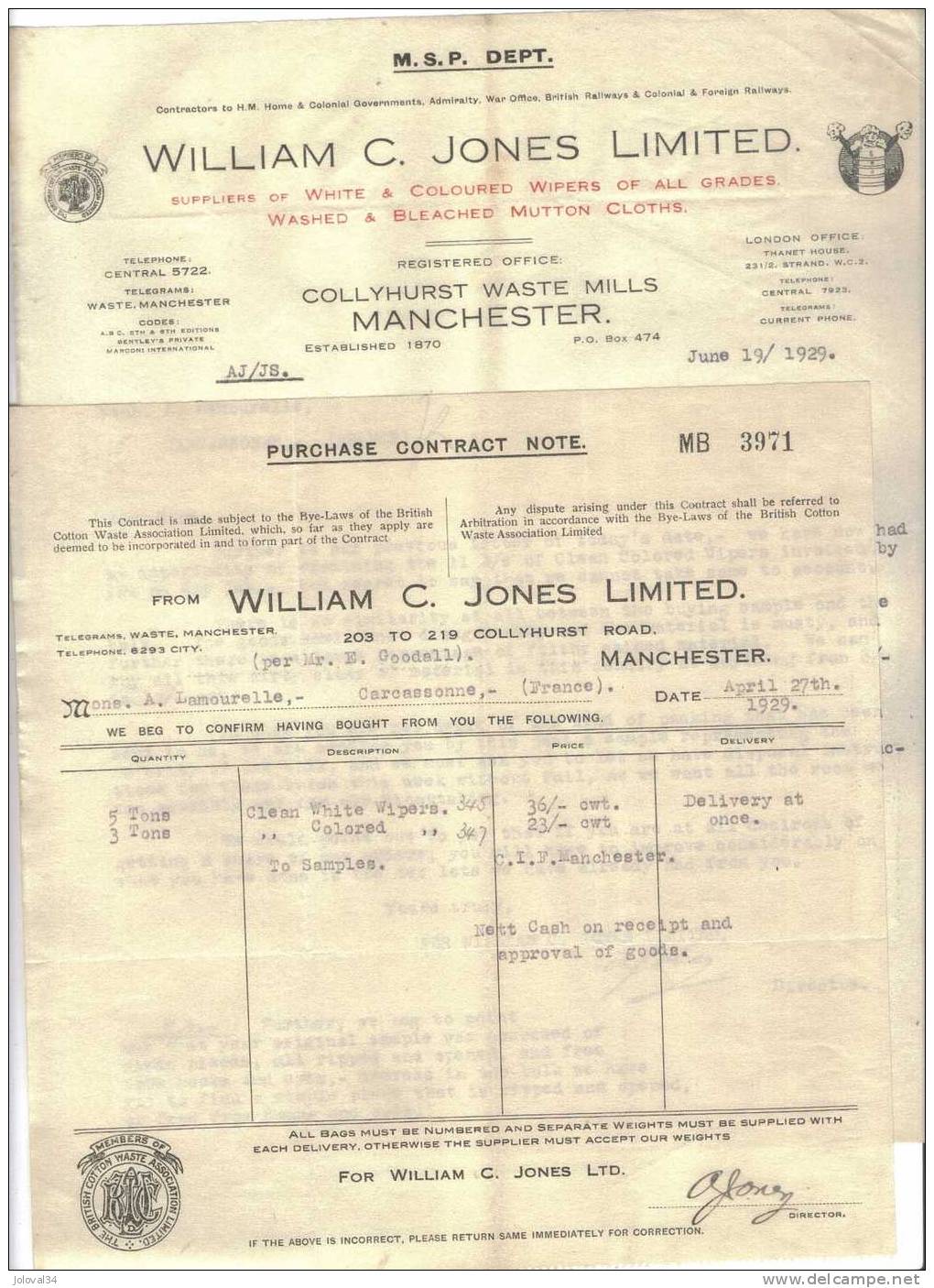 1929 X 2 : WILLIAM C JONES LIMITED - Laine - United Kingdom