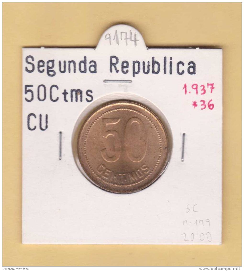II REPUBLICA  50  CENTIMOS  COBRE  KM#754.1          1.937 #36    SC/UNC    DL-9174 - 50 Céntimos