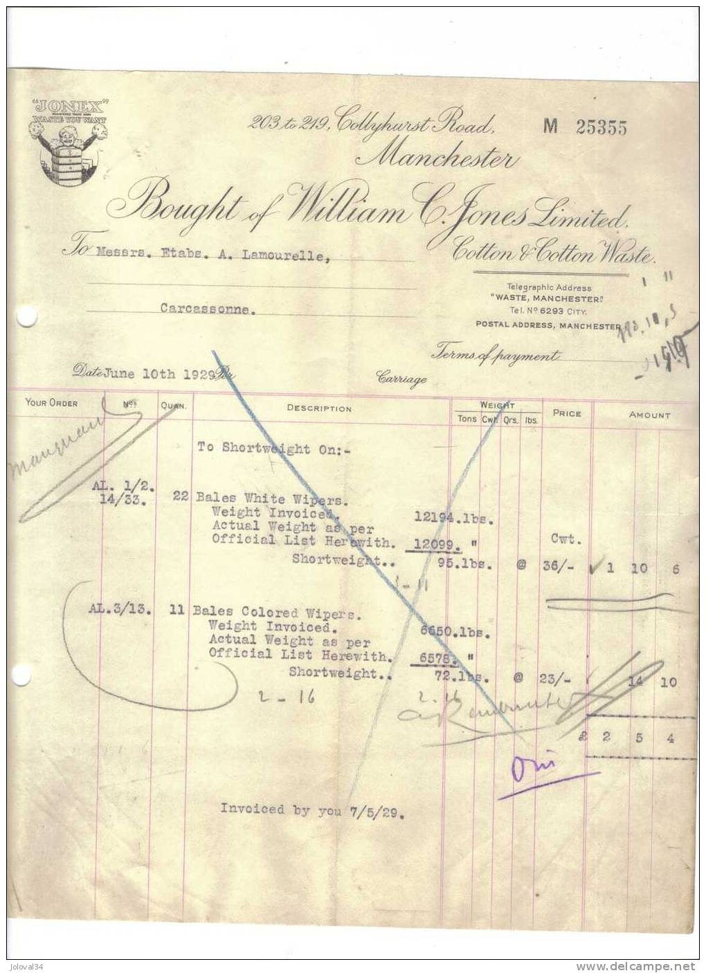 1929 : Bought Of WILLIAM C JONES Limited Manchester - JONEX - Coton - Royaume-Uni