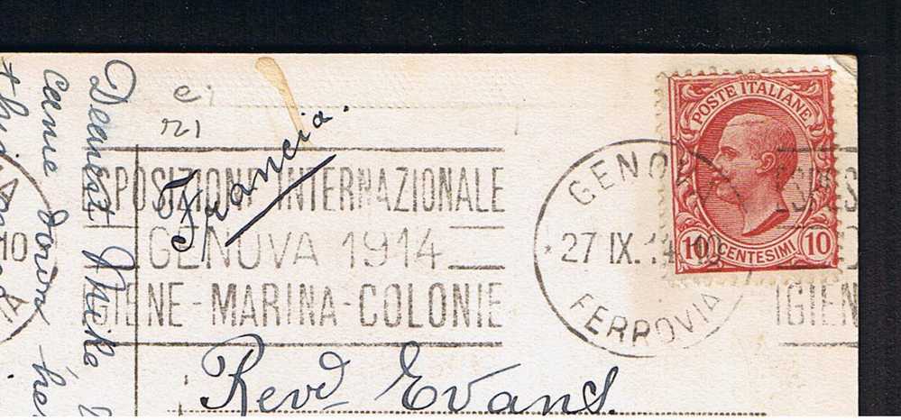 RB 580 - 1914 Postcard - Genova Esposizione Internazionale Igiene -Marina - Colonie Exhibition Slogan Postmark - Marcophilia