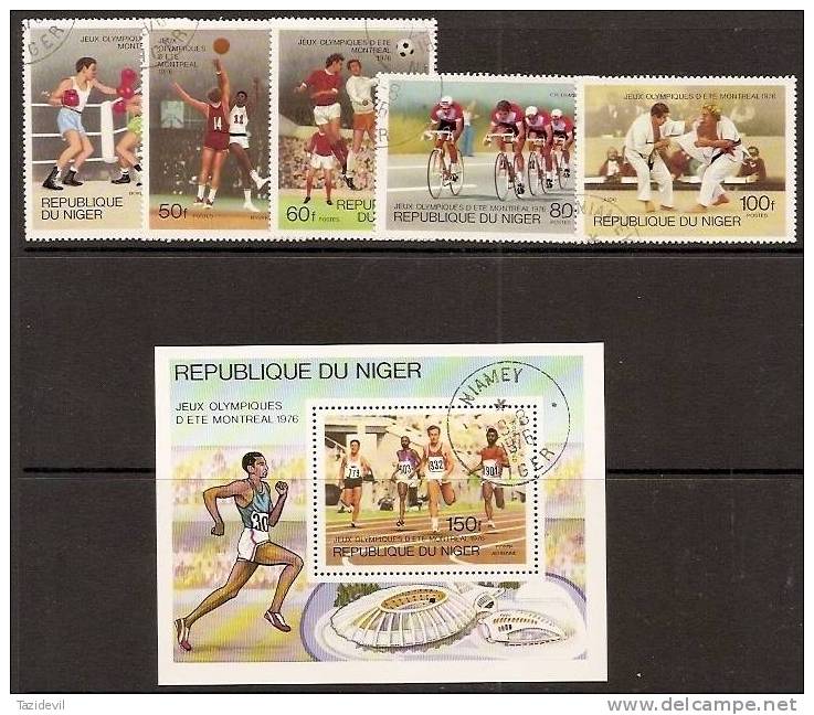 NIGER - 1976 Summer Olympic Games Souvenir Sheet And Set Of Stamps.  Scott 363-7, C279. Used - Niger (1960-...)