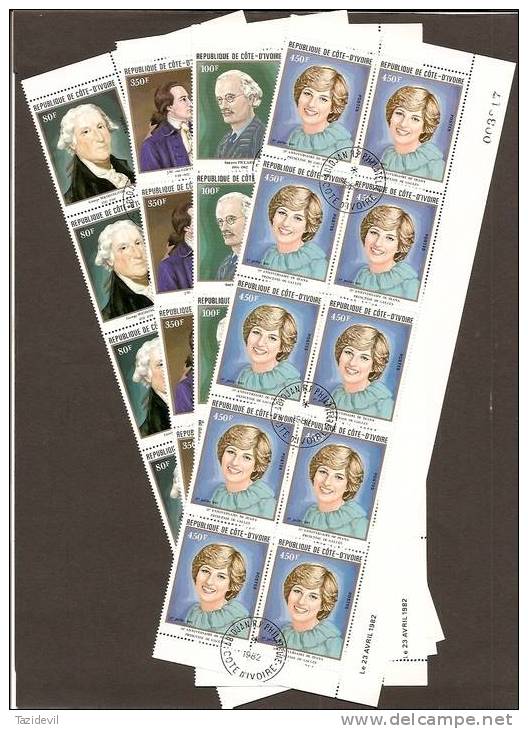 IVORY COAST - 1982 Anniversaries - Princess Diana, Washington, Etc, In Blocks Of 10. Scott 624-7. Used - Côte D'Ivoire (1960-...)