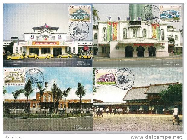 Maxi Cards 2005 Taiwan Old Train Station Stamps Railroad Railway Locomotive Motorbike - Treni