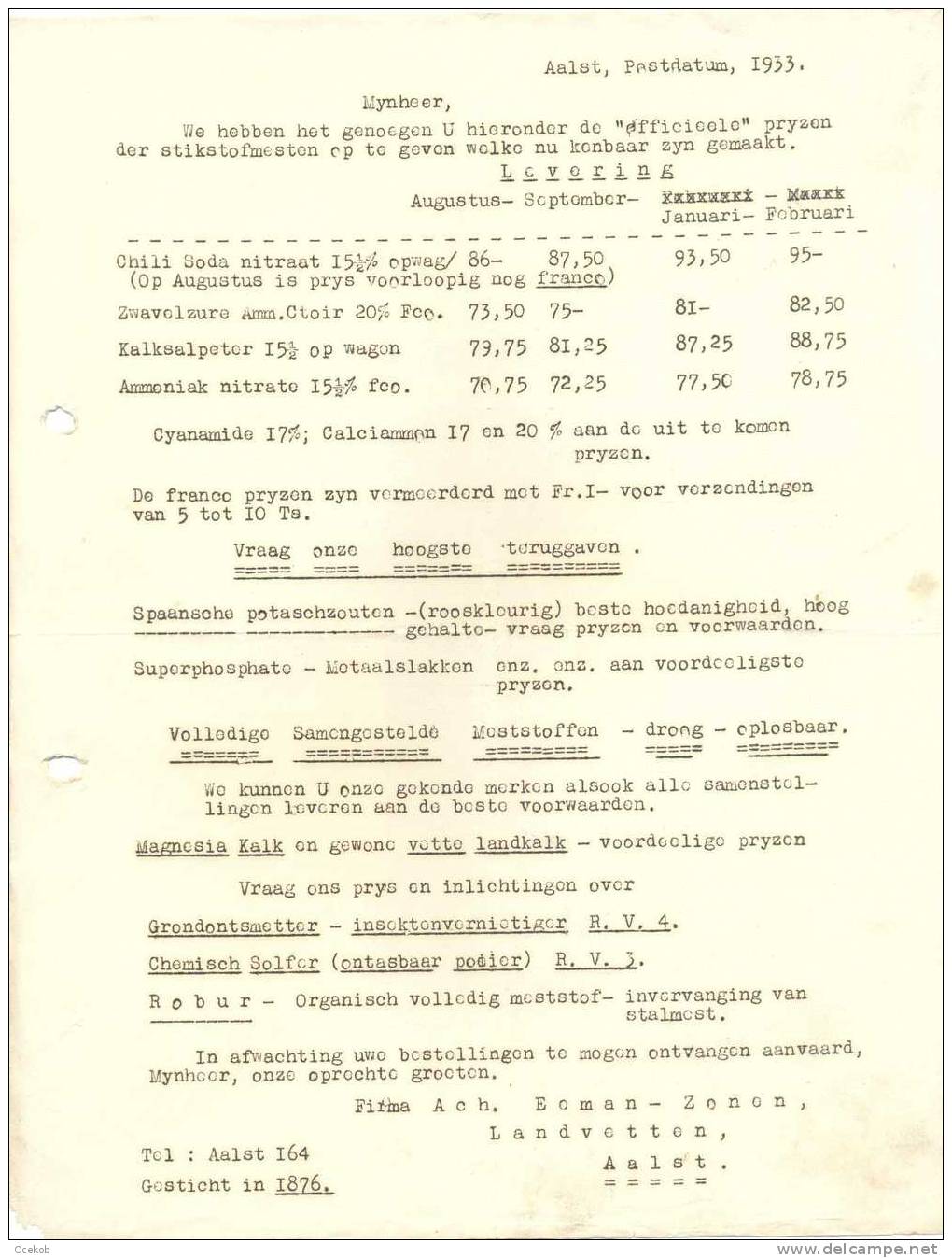 Faktuur Brief  Aalst A. Eeman Prijslijst Meststoffen 1933 - Non Classés