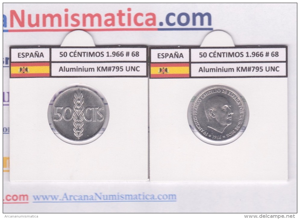 ESPAÑA / FRANCO   50  CENTIMOS  1.966  #68  ALUMINIO  KM#795  SC/UNC     T-DL-9222 - 50 Centiem