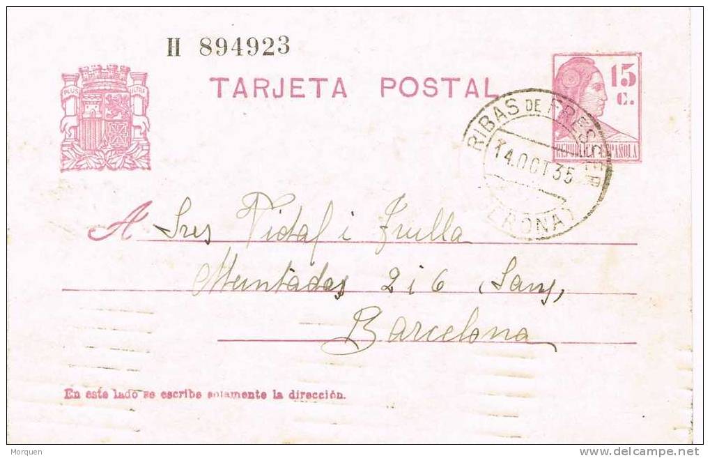 Entero Postal RIBAS De FRESSER (Gerona) 1935  Republica - 1931-....