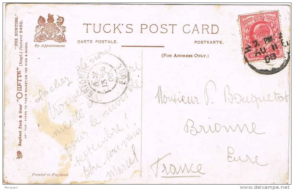 Postal W.... 1908 (Gran Bretaña)  A Francia. Caceria Inglesa - Briefe U. Dokumente