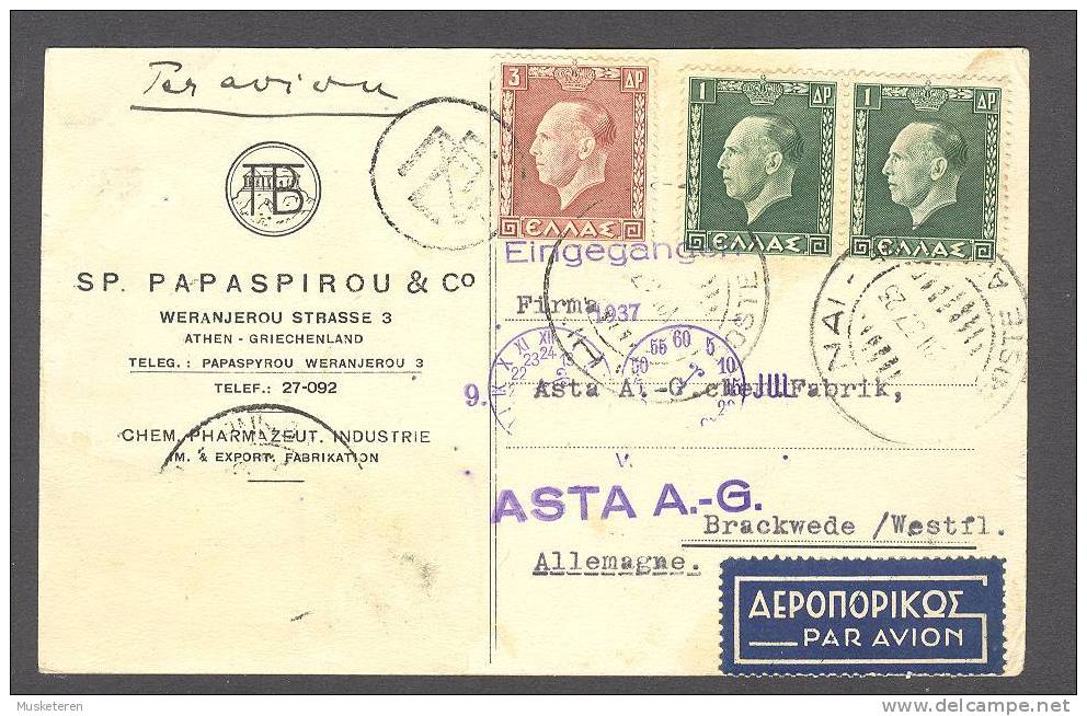 Greece Airmail Par Avion Label SP. PAPASPIROU & Co Athens 1937 Card To Brackwede Germany - Brieven En Documenten
