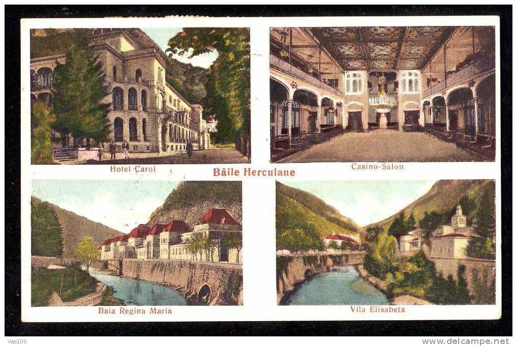 ROMANIA 1937 POSTCARD  BAILE HERCULANE  WITH TAXA DE PLATA + 3 STAMP NICE FRANKING VERY INTEREST. - Portomarken