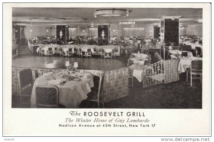 Roosevelt Grill Restaurant Night Club, New York City, C1940s Vintage Postcard, Restaurant - Cafés, Hôtels & Restaurants