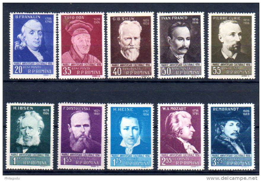 Franklin, Oda, Shaw, Ivan Franco, Curie, Ibsen, Dostoievski, Heine, Mozart, Rembrandt, Yvert 1479/1487** - Nuovi